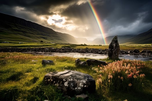 Dramatic landscape with rainbow over mountain valley photo
