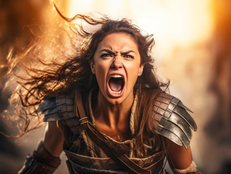 Fierce warrior woman shouting in battle photo
