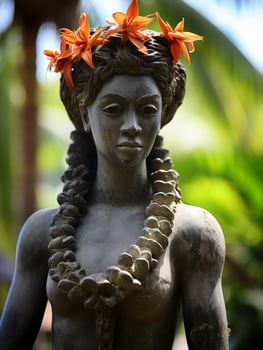 Artistic statue with orange flowers photo