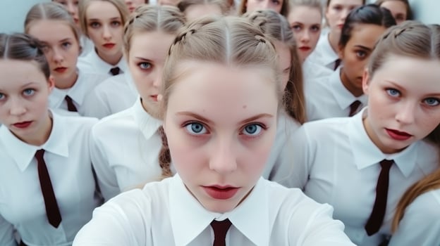 group of serious young women in school uniforms photo