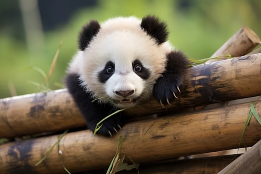 Adorable panda bear resting on bamboo photo