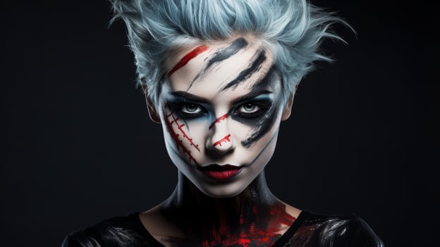 Dramatic face of female character with makeup and hair photo