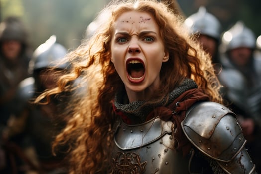 Fierce warrior woman with curly red hair and battle armor photo