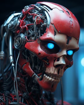 Futuristic cyborg skull with glowing blue eyes photo