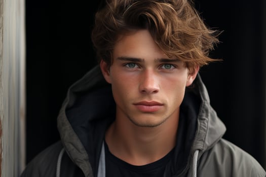 Handsome young man with curly hair and blue eyes photo