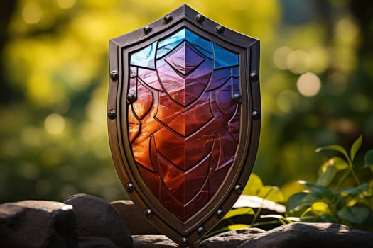 Colorful stained glass shield on nature background photo