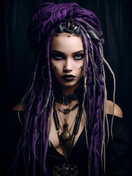 Mysterious goth woman with purple dreadlocks and dark makeup photo
