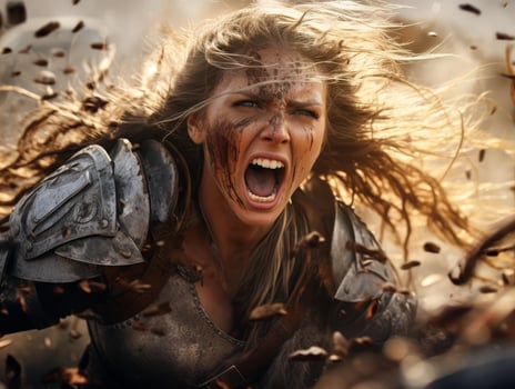 Fierce warrior woman screaming in battle photo