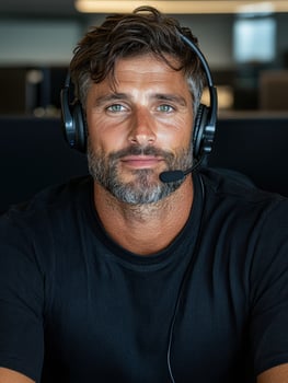 Portrait of a businessman wearing a headset in a modern office photo