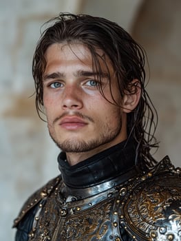 Portrait of a young man in medieval knight armor photo