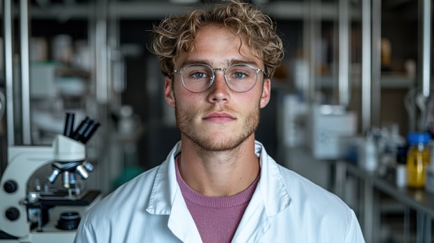 Portrait of a young male scientist in a lab coat photo