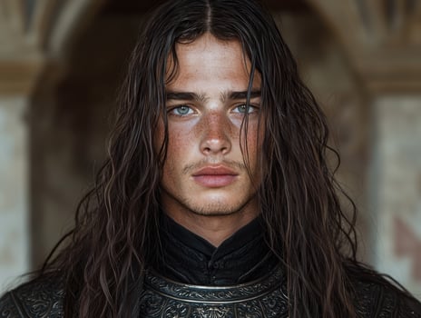 Portrait of a young man with long hair and freckles, wearing medieval armor photo