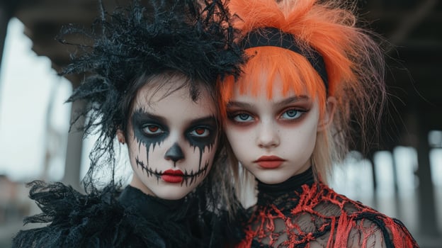 Two girls in creative halloween costumes photo