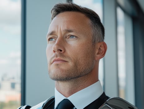 Confident businessman looking out the window photo