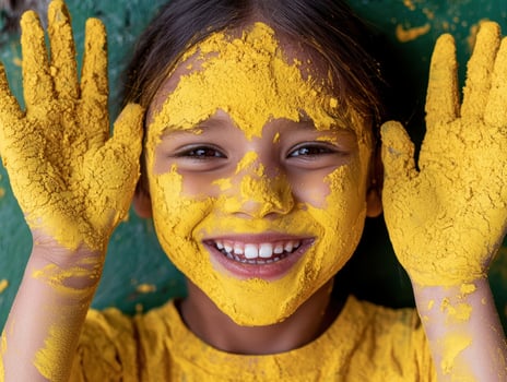 Happy child covered in yellow holi powder photo