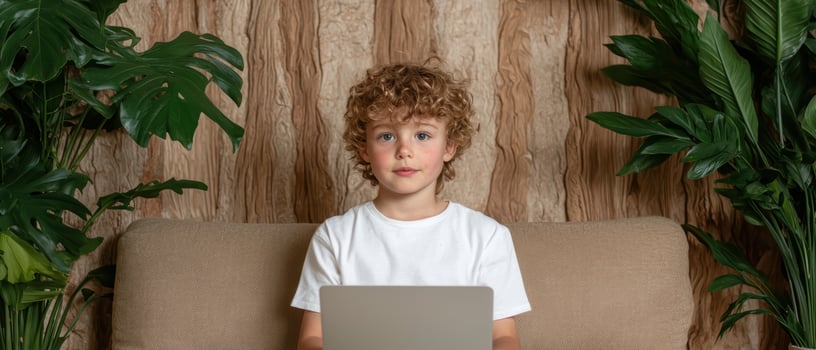 Young boy using laptop computer on sofa at home photo