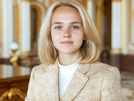 Portrait of a young woman with blonde hair in a beige blazer photo