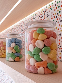 Colorful candy in glass jars on a shelf photo