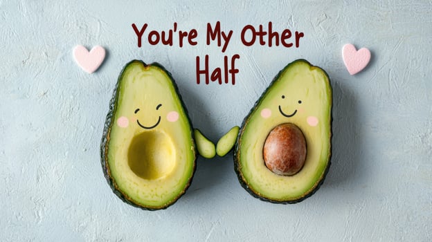 Avocado halves with cute faces holding hands, Valentines Day concept photo