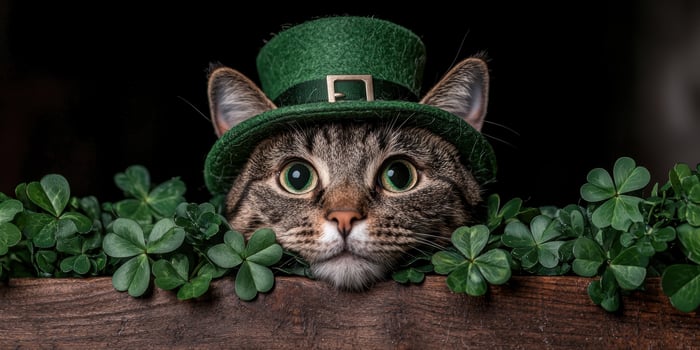 Cute tabby cat wearing a green leprechaun hat peeking from behind shamrocks photo