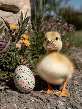 Cute fluffy duckling next to a decorated easter egg photo