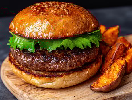 Juicy beef burger with sweet potato fries on wooden board photo