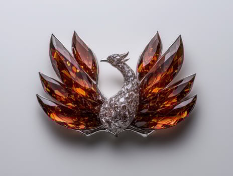 Orange gemstone phoenix brooch in white gold photo