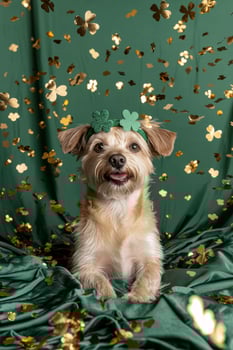 Adorable dog wearing shamrock headband, St Patricks Day pet photo