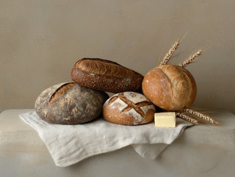 Artisan bread assortment with butter on a linen cloth photo