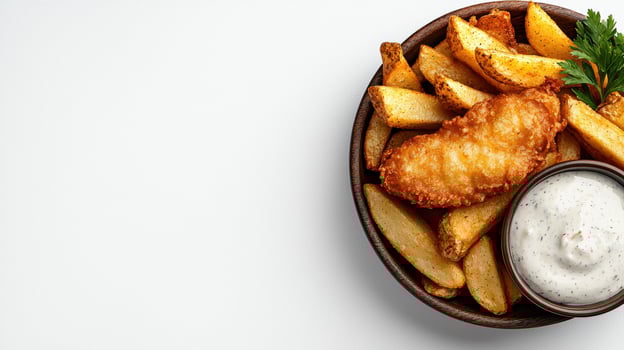 Close up of fish and chips with creamy sauce in wooden bowl photo