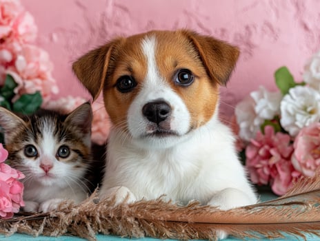 Adorable puppy and kitten friends posing together among pink flowers photo