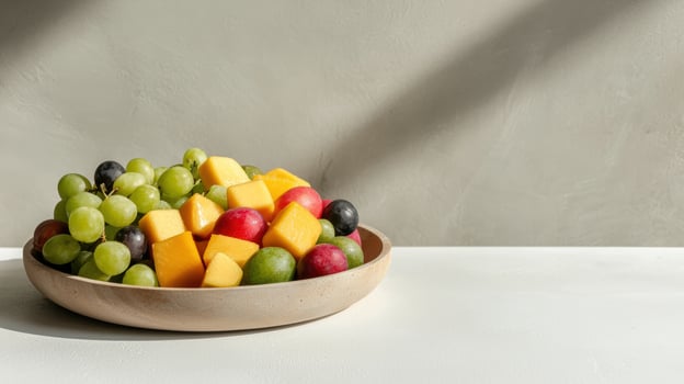 Fresh fruit salad in a wooden bowl on a white table photo