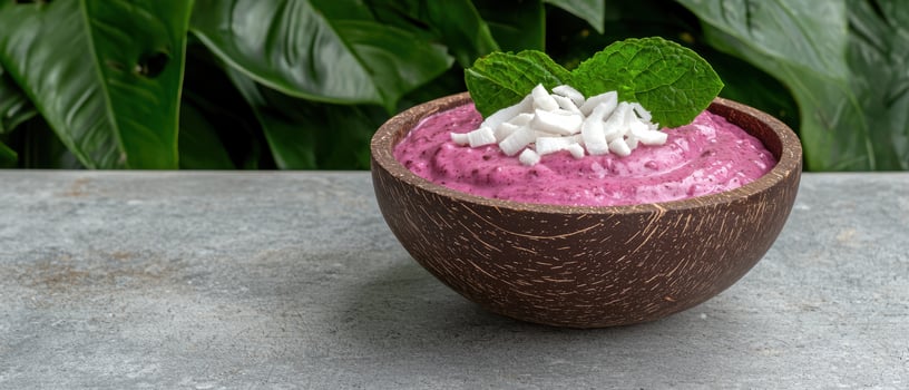 Delicious berry smoothie bowl with coconut flakes and mint photo