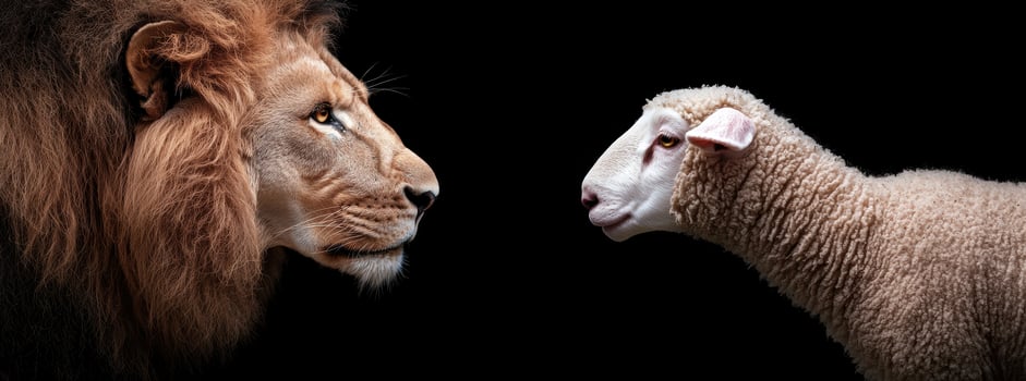 Lion and Lamb Face Off in Dramatic Closeup photo