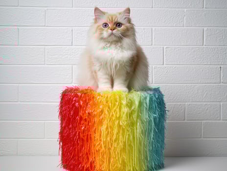 Fluffy cat sitting on a rainbow colored fluffy cube photo