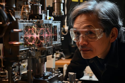 A man in glasses looking at a machine photo