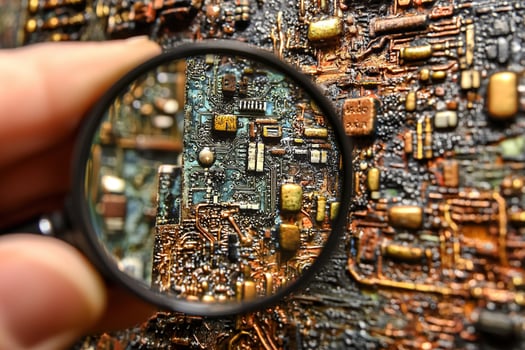 A magnifying glass is being held up to a piece of copper photo
