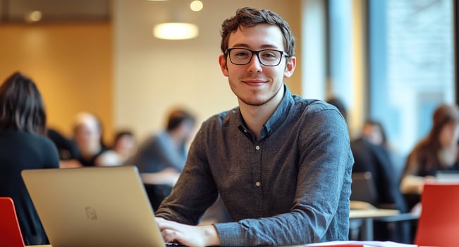 Smiling Freelancer with Laptop in Workspace photo