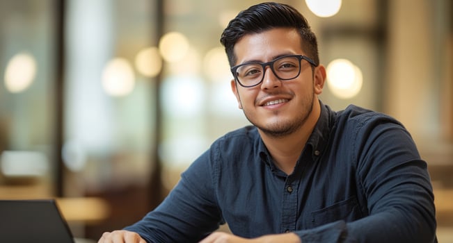 Happy Employee Working on Computer in Modern Office photo