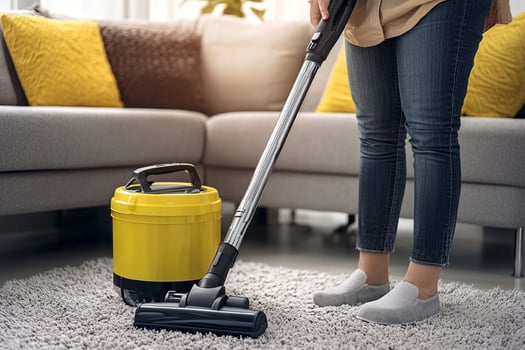 A woman is cleaning a carpet with a vacuum cleaner photo