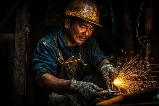 A man in a hard hat is welding something photo