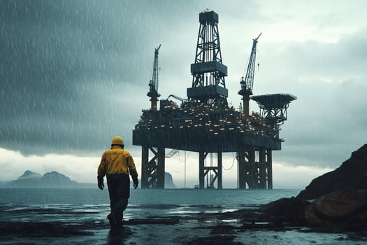 A man in yellow rain jacket standing in front of an oil rig photo