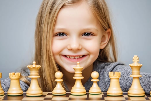 A little girl is smiling while holding a chess piece photo