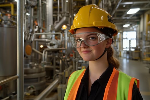 A woman wearing safety glasses and a hard hat in an industrial area photo