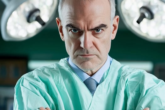 A man in a green scrub suit standing in front of a surgical light photo