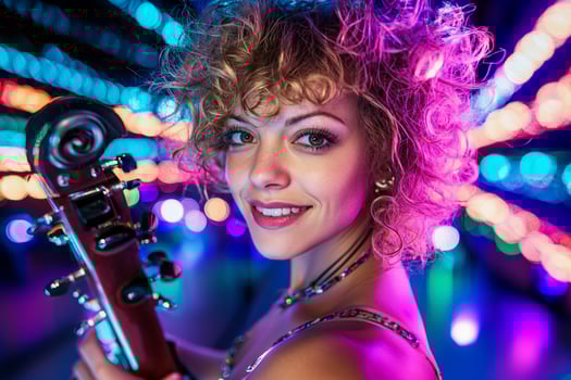 A woman with curly hair holding a guitar photo