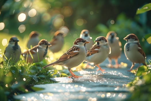 A group of birds standing on a path in the grass photo
