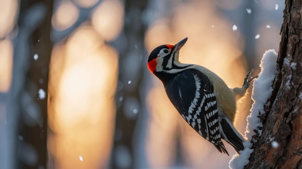 A woodpecker perched on a snowy tree, illuminated by a soft sunset glow. photo
