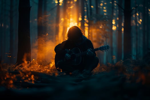 A person sitting in the woods playing an acoustic guitar photo
