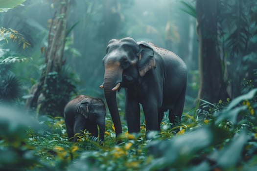 An elephant and her baby in the jungle photo